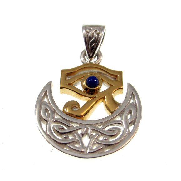 Solid 925 Sterling Silver & 18k Gold Celtic Scota Goddess Eye of Horus Pendant - Picture 1 of 5